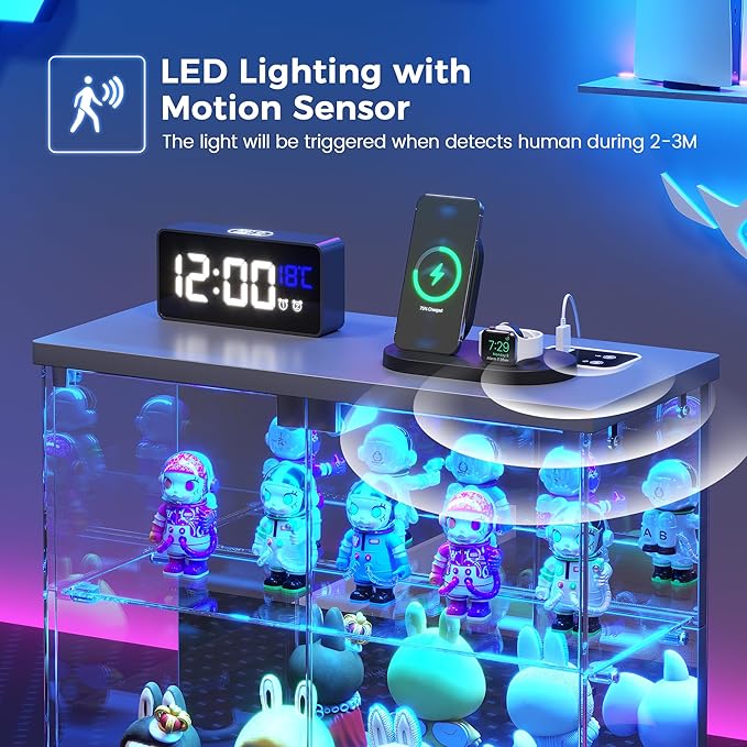 2pcs LED Clear Glass Display Case - for Figures & Collectibles, Small 2-Tier Display Cabinet with Charging Station, Display Box with Lights & Human Sensor, for Model Car, Perfume, Grey