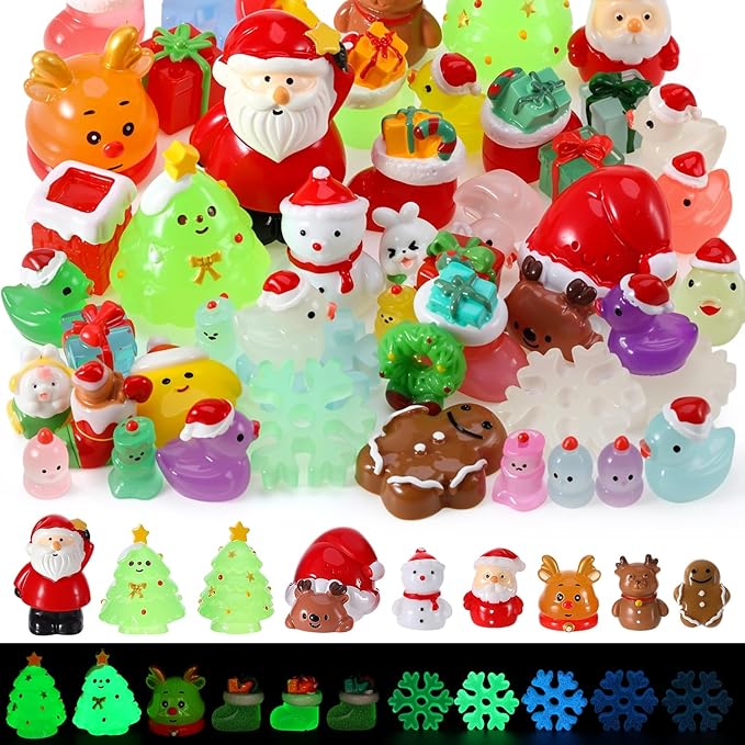 47PCS Mini Christmas Luminous Figurines Christmas Resin Miniatures Glow in The Dark Tiny Figures to Hide Small Snowman Figures for Xmas Goodie Bag Mini Presents for Crafts