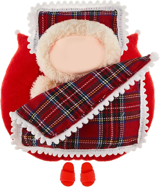 4 Pcs 17cm Doll Accessories Christmas Bedding Set Include Mattress Checkered Pillow Plaid Blanket and Slippers Bed House Furniture Heart Crown Designs (No Doll)