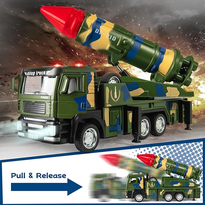 Military Missile Launch Truck Toy, with Lights Sounds and Pull Back Army Car, Alloy Die-cast Simulated Combat Vehicle Model Toy for Kids Age 3-6