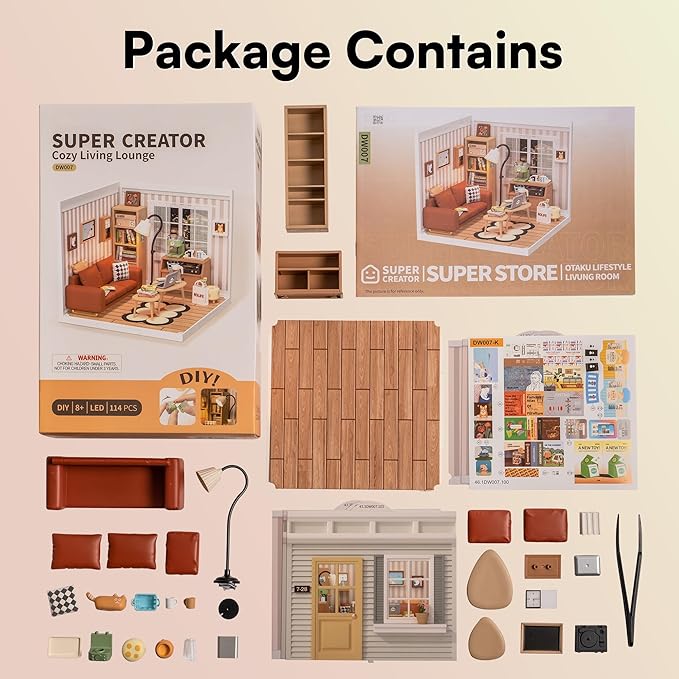 ROBOTIME DIY Miniature House Kit Mini Dollhouse with Accessories Building Toy Set Tiny Room Making Kit with LED Light Hobby Unique Gifts (Cozy Living Lounge)