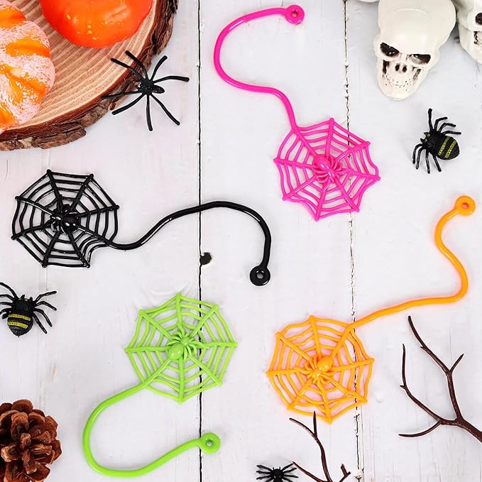24 PCS Sticky Spider Web for Kids, 7.6 Inches Cobweb Sticky Hand Toys, Halloween Spider Party Favors for Goodie Bag Stuffers, Birthday, Classroom Prizes Supplies (4 Colors)