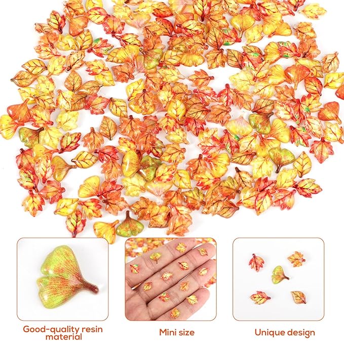 210pcs Mini Fall Leaves, 5 Styles Resin Funny Miniature Leaves for Crafts Small Tiny Resin Autumn Decoration Supplies Suitable for Vase Filler Micro Landscape Garden Decor
