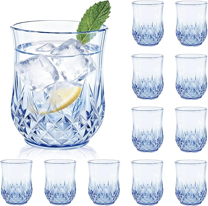 LEYIQU Stemless Wine Glasses, Plastic Reusable Cups Vintage Drinking Glasses Tumblers, Valentine’s Day Gifts for Couples, for Whisky, Beer, Juice, Beverages, Cocktai (12, 12oz-Blue)