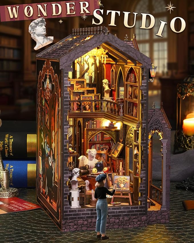 Book Nook Kit – Wonder Studio, DIY Miniature Booknook House with LED Lights, 3D Wooden Puzzle for Adults & Teens, Bookshelf Decor Gift for Family, Friends