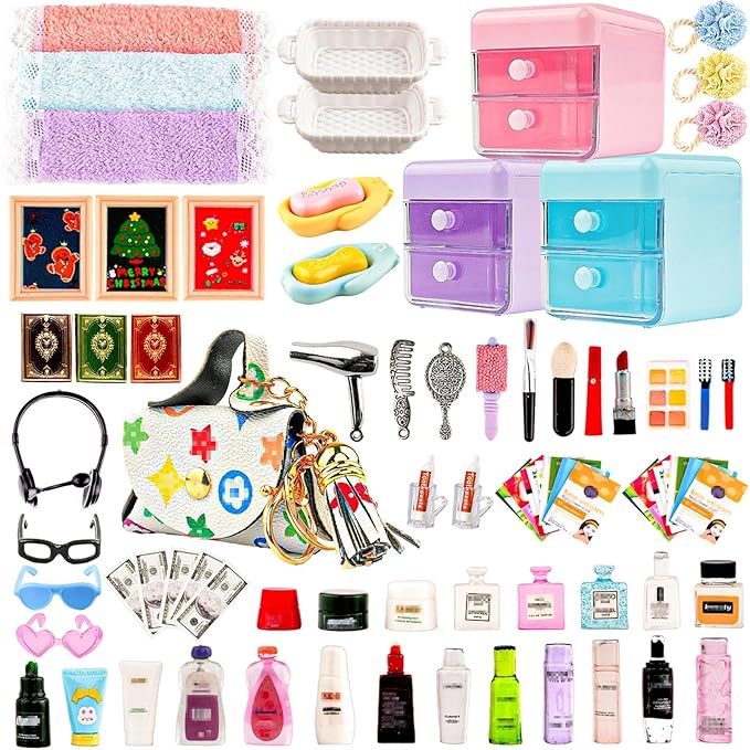 87Pcs Dollhouse Miniature Bathroom Accessories Cosmetic & Toilet Pretend Play Mini Makeup Set with Shampoo Perfume Hair Dryer Comb Purse Decor DIY Doll Backpack Glasses Photo Frame Salon Spa