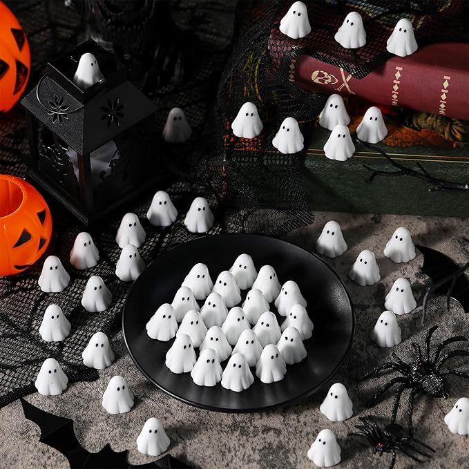 50 Packs Halloween Luminous Ghost Miniature Figurines Mini Resin Ghost Ornaments for Party Favor Spooky Glow in Dark Figurines for Garden Table Home Landscape Decor