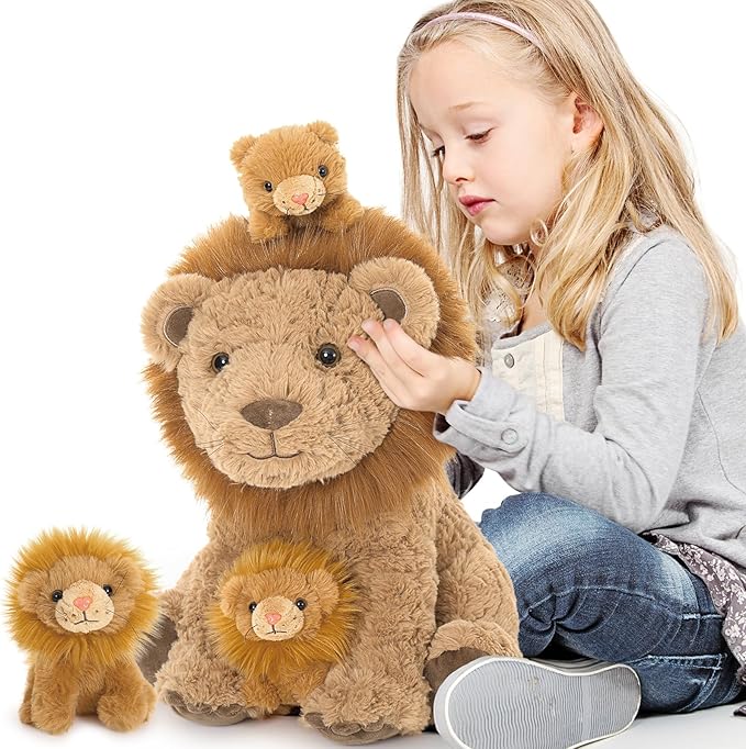 4Pcs Lion Plush Toy, 17.7" Mother Lion Stuffed Animal with 3 Cute Baby Lions, Wild Animal Stuffed Toy for Kids Boys Girls, Safari Animal Plushies Gift for Christmas Birthday Baby Shower