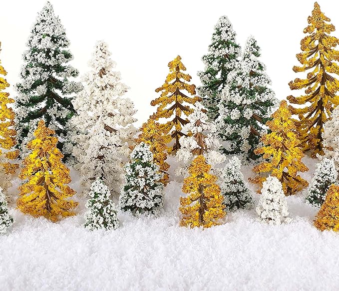 Skylety 35 Pieces Model Trees 1.2-6.3 Inch Mixed Miniature Trees Diorama Supplies Fake Plants Train Scenery Landscape Christmas Village Architecture DIY Crafts(Dark Green, Gold, White,Snowy Cedar)
