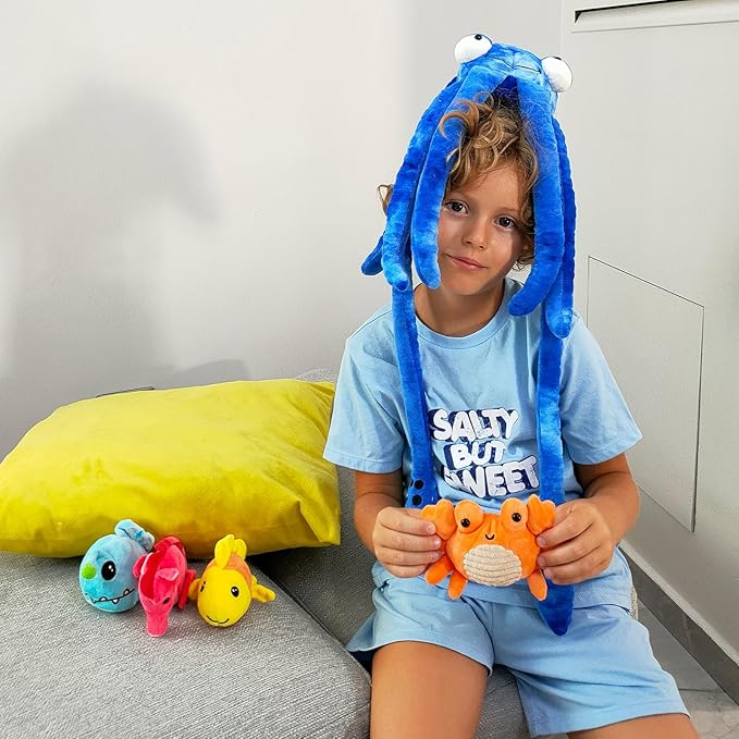 5Pcs Giant Squid Stuffed Animal 41.3" with Small Marine Clownfish,Crab, Seahorse, Angler Fish Baby Plush Toys, Adorable Bulk Ocean Animal Plushies Gifts for Squid Toys Lover,Kids,Boys,Girls