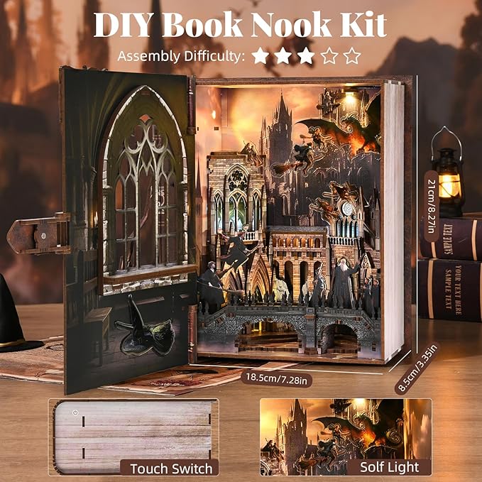 Book Nook Kit, DIY Miniature Dollhouse Magic Book for Adults and Teens, 3D Wooden Puzzle Bookends with Sensor Led Light, Gifts for Family, Friends (Introduction to Magical Flight)