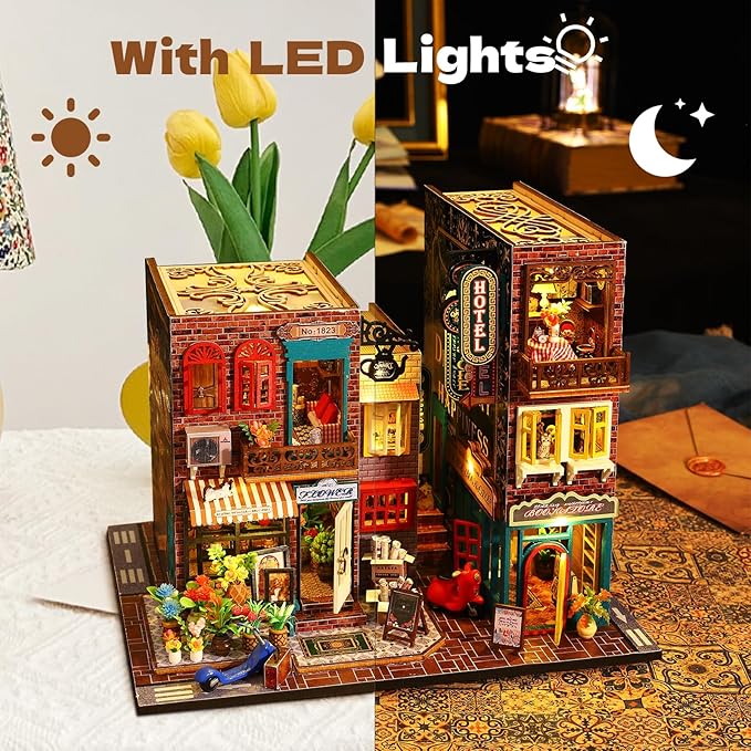DIY Miniature House Kit, Tiny 3D Wooden Street Scene, Mini Dollhouse Bookshelf Decor Kit with Dustproof Cover & Music Movement, Creative House Craft for Adults, Gift for Family and Friends