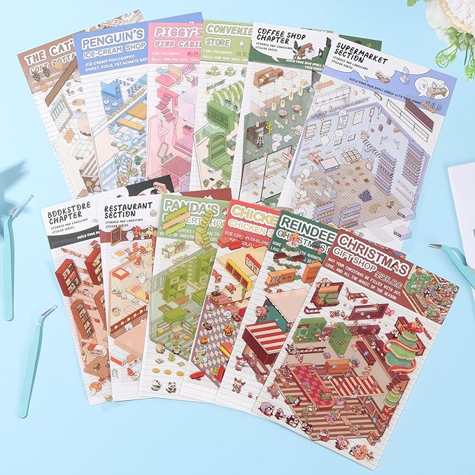 DIY 3D House Sticker Set for Adults & Kids - Creative Miniature Room Scenes with Cartoon Decals, Cute Home Decor Stickers to Build Your Own 3D Model Scenes (Set 5)