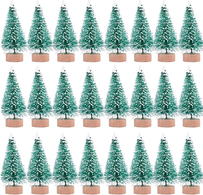 24 Pieces Artificial Mini Christmas Sisal Snow Frost Trees with Wood Base Bottle Brush Trees Plastic Winter Snow Ornaments Tabletop Trees for Christmas Party Home Decoration (Green)