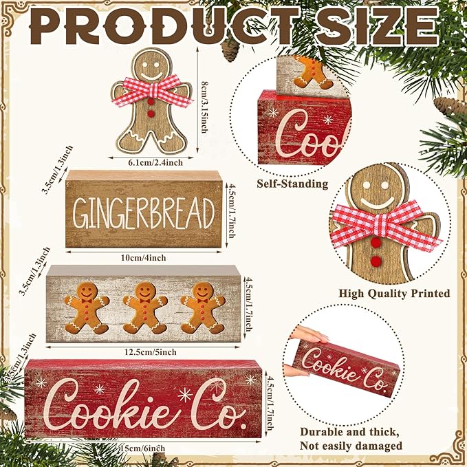 Moucuny 4 Pcs Christmas Table Decor Gingerbread Man Decoration Christmas Centerpiece Winter Tiered Tray Decor Rustic Gingerbread Block Signs Gift Winter Table Decoration for Xmas Party Kitchen Home