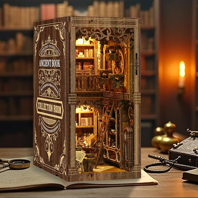 Book Nook Kit - DIY Miniature Dolls House Kit with Furniture and LED Light, 3D Puzzle Wooden Art Bookends, Model Kits for for Adults and Teens (Ancient Books)