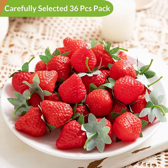 36 Pieces Fake Strawberries Fake Fruit Artificial Strawberry Kitchen Décor Plastic Strawberry Party Decorations Realistic Fake Food Lifelike for Display Photography Props