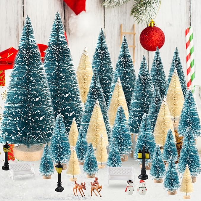 BOUBONI Mini Christmas Tree 35PCS Christmas Village Sets with Crafts Reindeer Snowmen Benches Street Lamp for Xmas Decorations Indoor Party Home Table Craft (Dark Green, Beige)