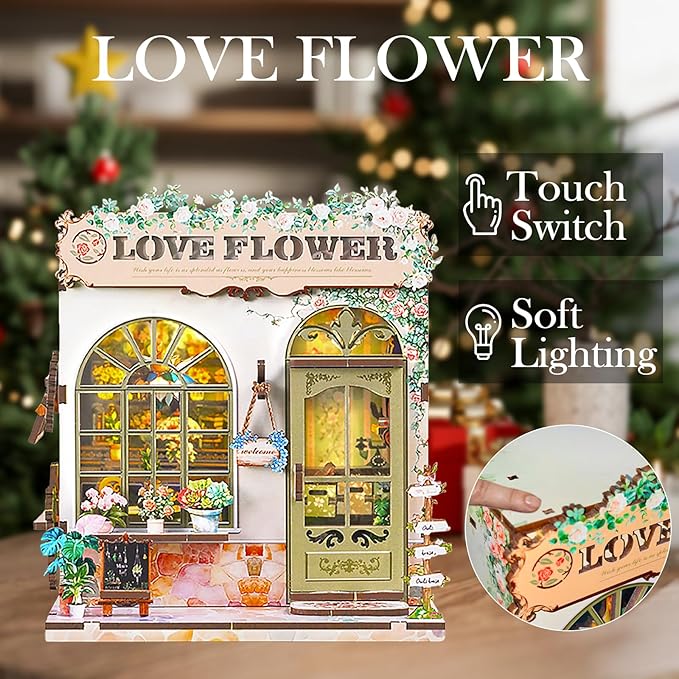 Book Nook Kit – DIY Miniature House Kit with LED Light, 3D Wooden Puzzle Bookshelf Insert Decor, Flower Shop Style Booknook for Adults and Teens, Creative Gift Idea