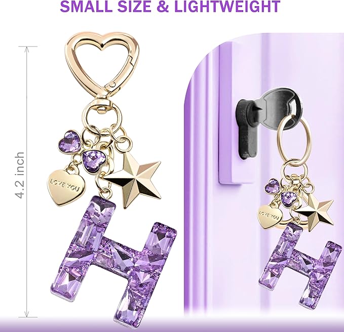 Cute Bling Keychain initial Letter Butterfly Star Pink Purple Gift for Women Girls Bag Cup Charms Accessories