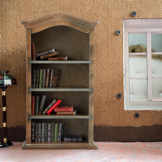Poen 27 Pcs 1: 12 Scale Miniatures Dollhouse Books and a Wooden Bookcase 4 Floors Dollhouse Bookshelf Decoration Accessories for House Bedroom, Vintage Color