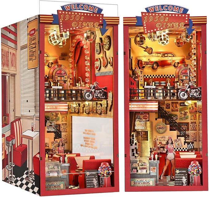 Book Nook Kit - DIY Miniature House Kit for Adults, Retro 1950s Diner Tiny House Building Kit with LED, Dollhouse Kit Bookshelf Insert Decor Gifts of Family and Friends (1950s Diner)