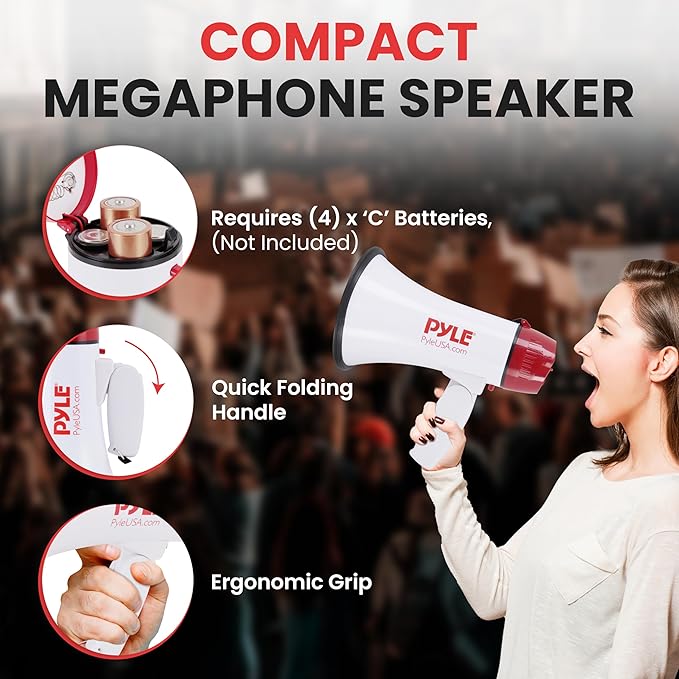 Pyle 20W Megaphone Bullhorn - 5.4'' x 8.6'' Portable Megaphone, Projection Range Up to 1100 Sq. Yards, Voice Talking & Siren Alert, Shoulder Strap, Battery Operated, (White)