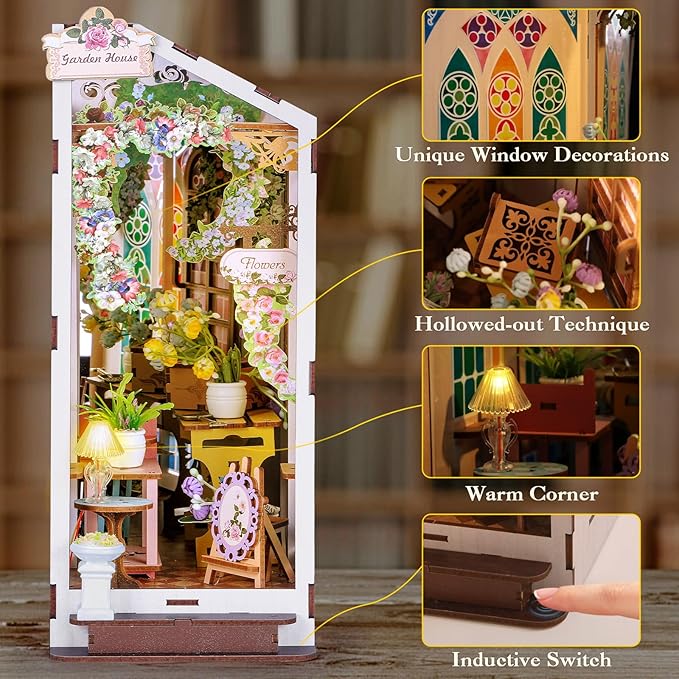 Book Nook Kits for Adults, Miniature House 3D Puzzle Kit for Teens, DIY Crafts for Adults, Bookshelf Decor Garden House with LED Light, Gifts for Family and Friends