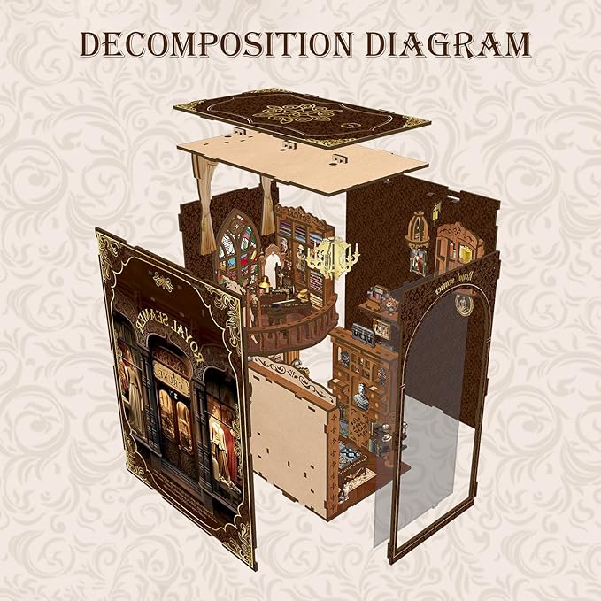 Book Nook Kit for Adults with Dust Cover & LED Light, DIY Miniature House Kit 3D Printed Booknook Wooden Puzzle Dollhouse Bookshelf Insert DIY Craft Model Build Gift for Birthdays, Royal Seamer