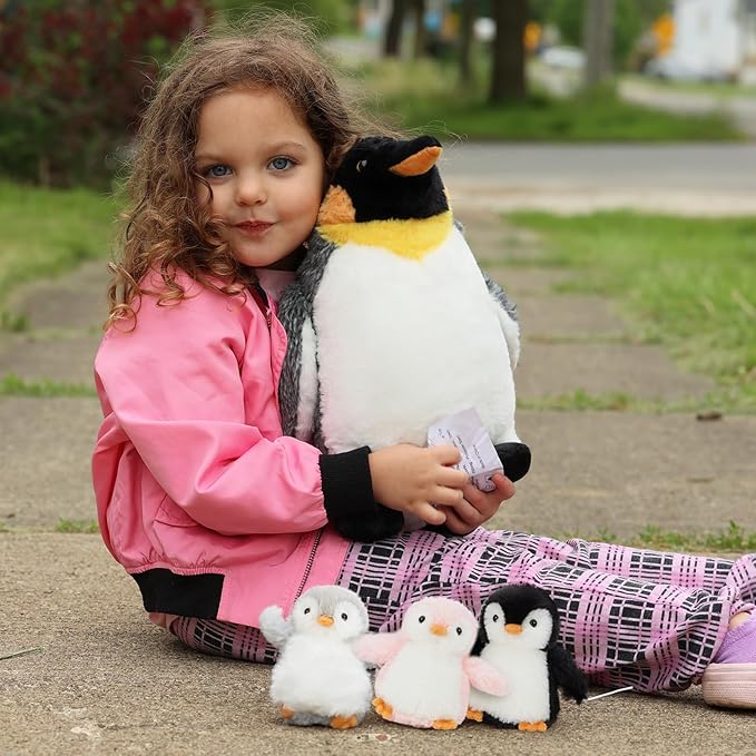 4 Pcs Penguin Plush Set, Mom Penguin Stuffed Animal with 3 Stuffed Wind Up Penguin Babies Toy in Mother Penguin's Belly, Christmas Birthday Gift for Kids Girls Boys, Animal Theme Party Decor