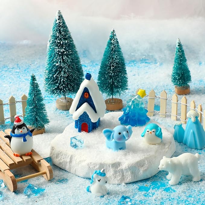Miniature Winter Figurines, Blue Theme Simulated Ice Cubes Blue Christmas Tree Christmas Scenery Ornaments for Desktop Decoration Micro Landscape Accessories