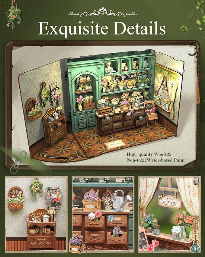 Cutefun Book Nook Kit - DIY Miniature Flower Shop Booknook Kits for Adults and Teens, 3D Wooden Puzzle Bookend Bookshelf with LED Light, Gifts for Family and Friends (Blossom Florists)