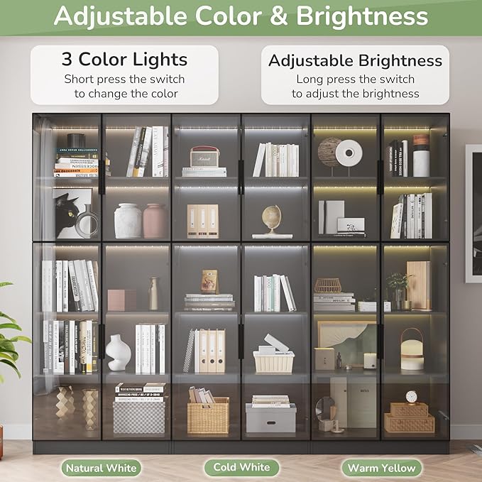 3 Piece Display Cabinet with Glass Doors & Adjustable Lights, 78.7” Tall Display Case with 5 Tier Storage Shelves, Modern Collectibles Cabinet for Living Room, Office, Black