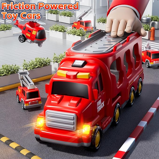 Fire Truck Toys for Toddler 1-3 3-5, 5-in-1 Fire Car Carrier Vehicle Set for Girls 1 2 3 4 5 6 Years Old, Transport Car with Light Sound, Birthdays Gifts for Kids Girls Aged 3-9