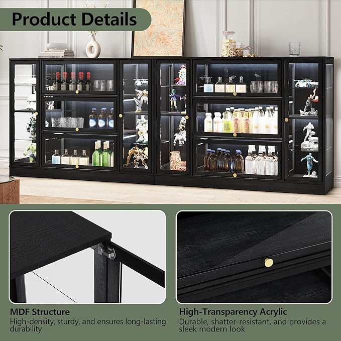 Display Cabinet with Acrylic Glass Doors,Extra Wide Curio Cabinet with LED Lighting for Collectibles, Collectibles Toy Organizers Rack & Display Shelf Display Case, Black