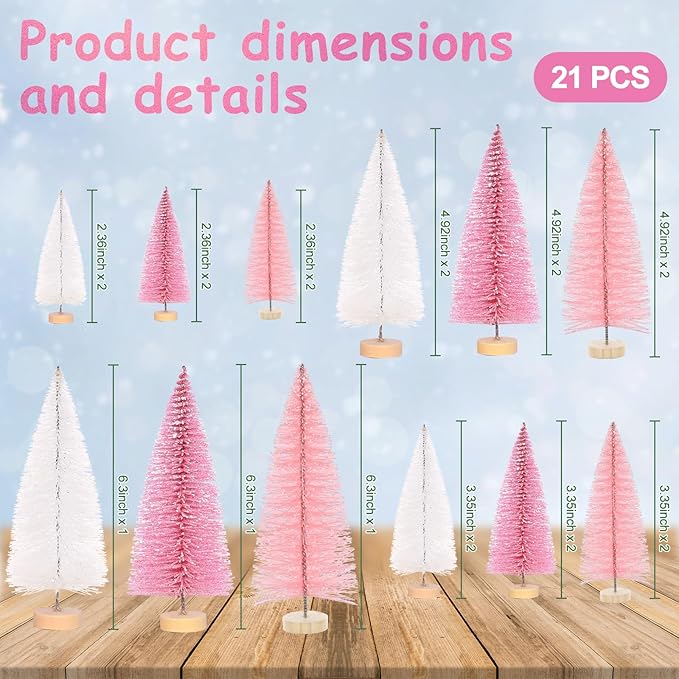 Waipfaru 21 Pcs Bottle Brush Christmas Trees, Mini Christmas Table Decor, Miniature Pine Trees for Xmas Tabletop Crafts Indoor Decor (Pink & White)