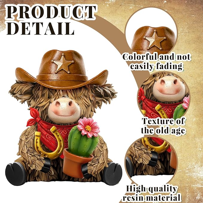 Burbell 2 Pcs Highland Cow Figurines Decor Cowboy Gnomes with Western Cowboy Hat Resin Statue Calf Lovers Gifts for Farmhouse Home Garden Bathroom Kitchen Office Tiered Tray Table Decor