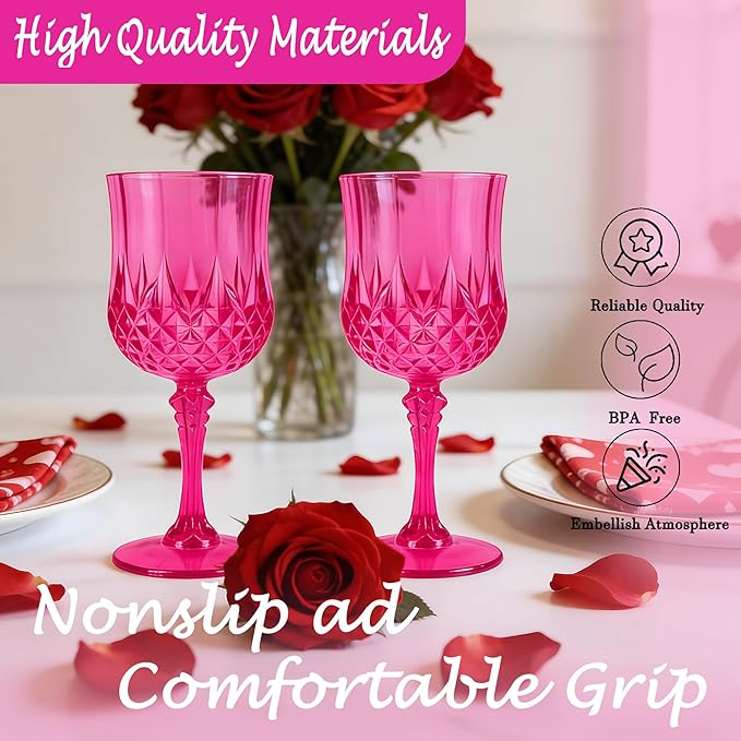 LEYIQU Plastic Wine Glasses, Plastic Goblets Vintage Style Cordial Drinking Glasses for Valentine’s Day, Wedding Reception, Grand Event Party Supplies (12, Hot Pink)