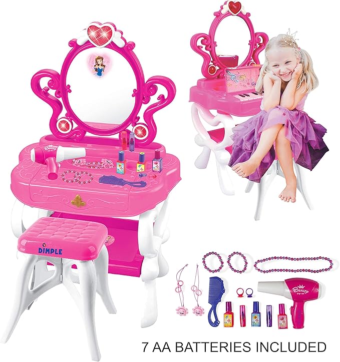 DIMPLE 2-in-1 Musical Piano Vanity Set Girls Toy Makeup Accessories Working Piano, Flashing Lights, Big Mirror, Pretend Cosmetics, Hair Dryer, Princess Image Appears in Mirror(7 AA Batteries Included)