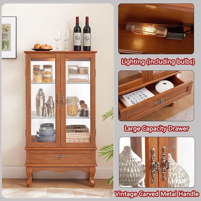 49" H Lighted Curio Display Cabinet with 2 Glass Doors & 1 Drawer, Wooden Curio Showcase w/Adjustable Shelves & Mirrored Back Panel, Wine Storage Cabinet Display Case for Living Room (Oak)