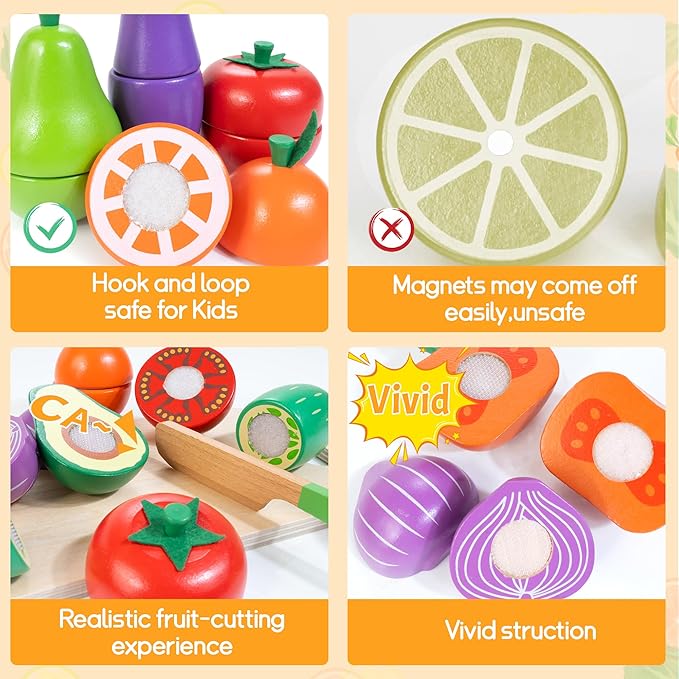 WOODMAM Wooden Play Food for Toddlers, Color Food Groups, Fruit & Veggies Cutting Set, Pretend Play Food Kitchen Accessories for 3 4 5 6 7 Years Old Boys & Girls