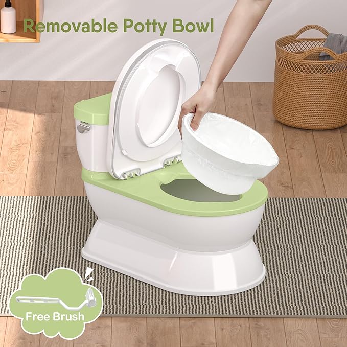 CheerTry 2-in-1 Toddler Potty Training Toilet - Larger Potty Chair & Detachable Training Seat for Boys & Girls Ages 1-3 with Flushing Sound, Wipes Storage, Toilet Paper Holder - Green