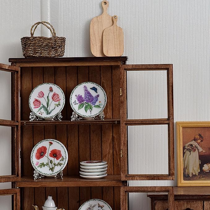 6PCS Handcrafted Miniature Ceramic Plates in 1:12 or 1:6 Scale, Vintage Porcelain Playhouse Dishes (Garden-A, 2.3CM)