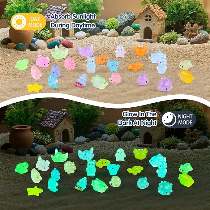 40 Pcs Mini Sea Resin Animals, 40 Styles Luminous Ocean Resin Animals Glow in The Dark Tiny Sea Miniature Figures for Fairy Garden Landscape Dollhouse Accessories Hide Crafts Decor