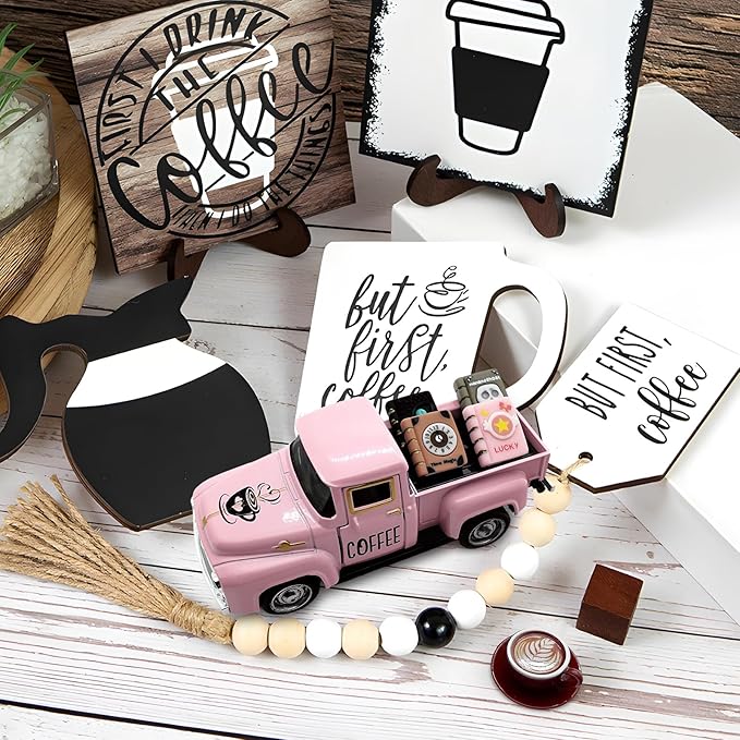 Coffee Decor for Coffee Bar Vintage Metal Truck with Mini Fake Books and Coffee Farmhouse Pink Christmas Tiered Tray Decor Coffee Station Tabletop Coffee Ghost Sign Rustic Coffee Table Centerpiece