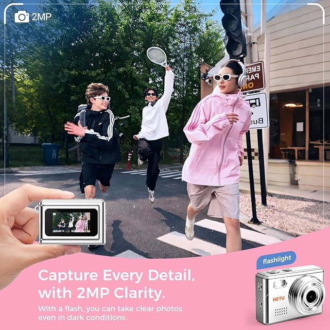 HOTU Mini Keychain Camera, Y2K Portable Mini Digital Camera, 2MP 1080P Video Recording Small Camera with 32GB Card for Kids, Long Battery Life for Travel, Vlog, Silver