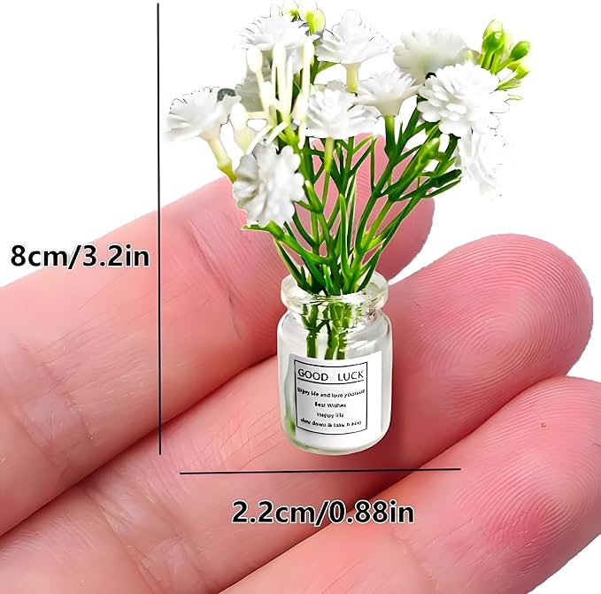 2 Pcs Miniature Flower Vases with White Baby’s Breath – Realistic Handmade Dollhouse Accessories for 1:6/1:8 Scale, Fairy Garden Props, DIY Craft Elements, Car Decor, Micro Landscape Embellishments（B）