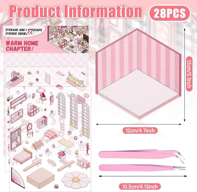 DIY 3D House Stickers Scene, 28 Set Fun DIY Sticker Therapy,Make Your Own Cute 3D Miniature Stickers Scene Sticker for Adult Kids for Relief Stress Pass The Time