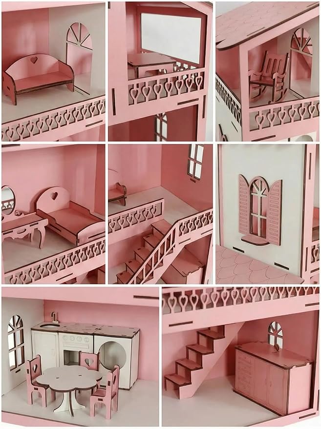 Wooden Doll House with Led Lights Set and Furniture Accessories, Large Size Pink Wooden Dream House, Dollhouse