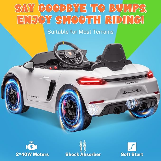 ENYOPRO Licensed Porsche 718 Spyder RS Ride-On Electric Car for Kids with Remote Control, 12v Ride On Toys for Toddlers, Electric Power Vehicle w/Trailer Wheels, Bluetooth/USB/AUX, LED Lights, White